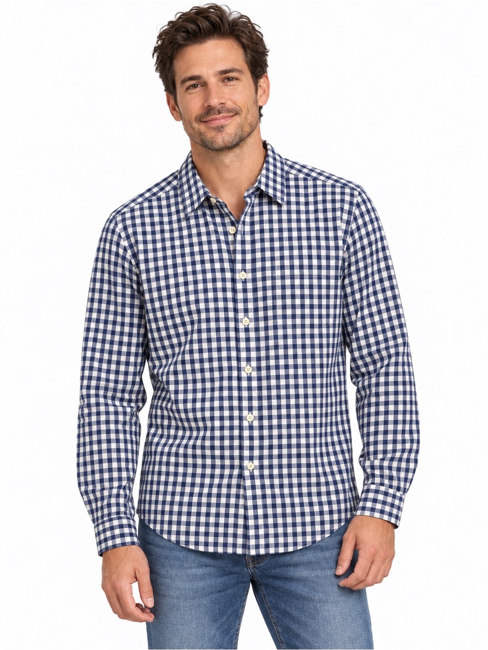 L.L.Bean Men’s Large Regular Navy White Gingham Wrinkle Free Shirt